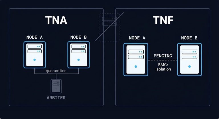 two-node edge deployment — TNA arbiter versus TNF fencing architecture comparison