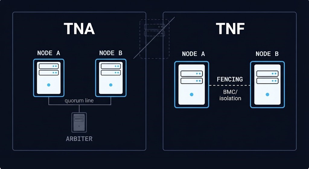 two-node edge deployment — TNA arbiter versus TNF fencing architecture comparison