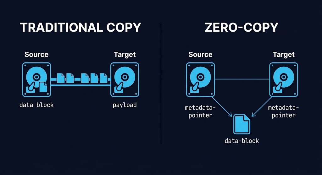 array-offload zero-copy migration — metadata pointer repoint versus block-level data copy