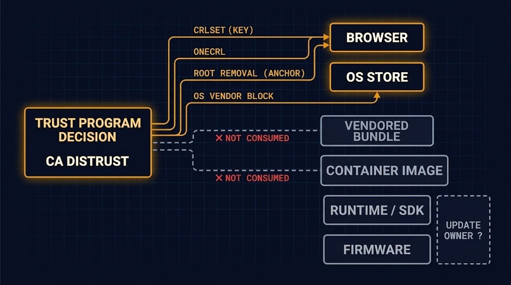 CA distrust fan-out: one trust-program decision reaches browsers and OS stores through vendor-controlled paths and stops short of bundles, images, runtimes and firmware