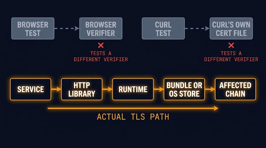 A browser test probes the wrong verifier when a service validates through its own library and bundle