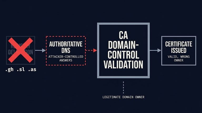 ccTLD hijack mechanism: compromised authoritative DNS supplying the answers a certificate authority's domain-control validation relies on