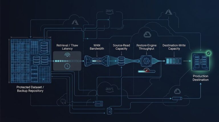 Cloud restore recovery path showing WAN, source-read, restore-engine, and destination-write bottlenecks