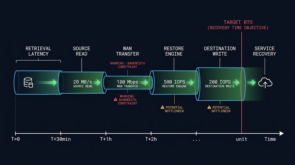 Cloud restore calculator: Cloud recovery path showing retrieval latency and four potential restore bottlenecks against a target RTO
