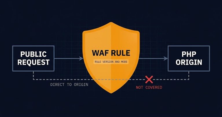Compensating control exit coverage map: a WAF rule on the public path and a dashed direct-origin path around it