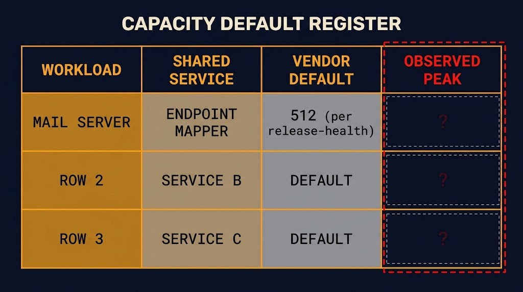 Register of capacity-relevant platform defaults with the observed peak column empty for every workload