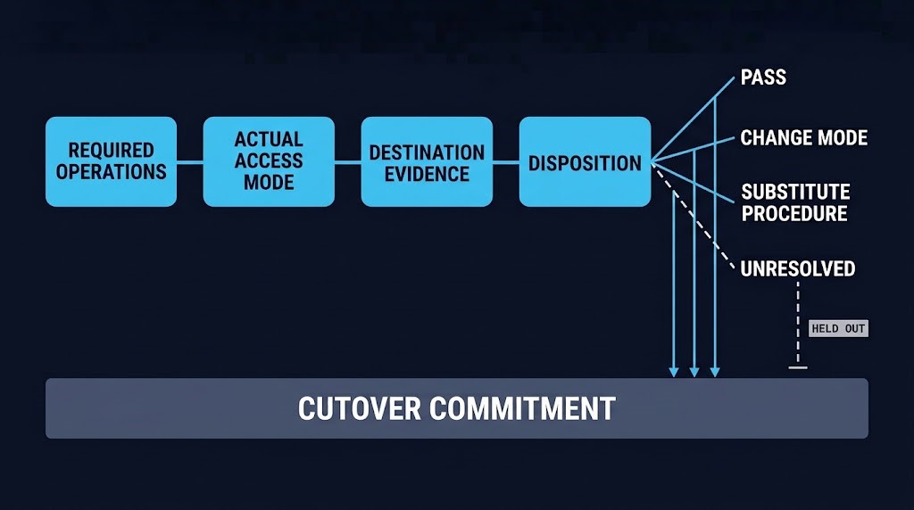 Migration-gating decision model for GPU passthrough: required operations, access mode, destination evidence, disposition