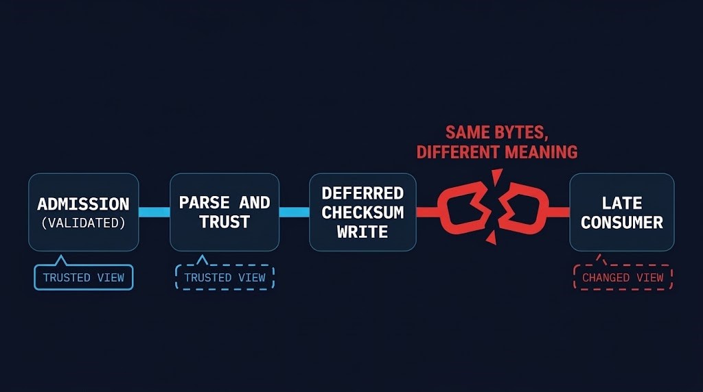 sequence in the host networking stack where a deferred checksum write changes bytes after they were validated