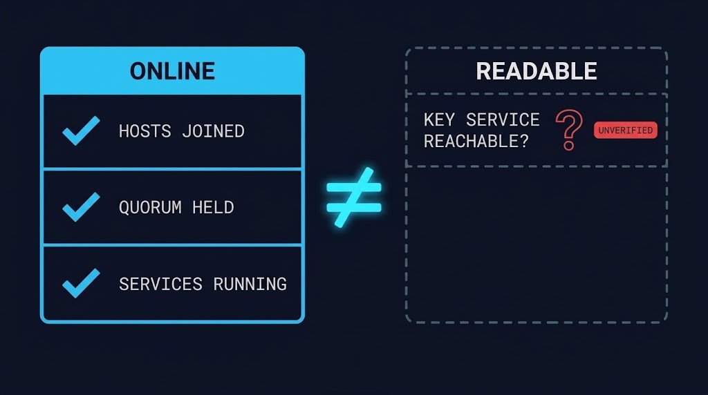 Cluster online versus dataset readable — two states of an encrypted storage cluster after a full restart