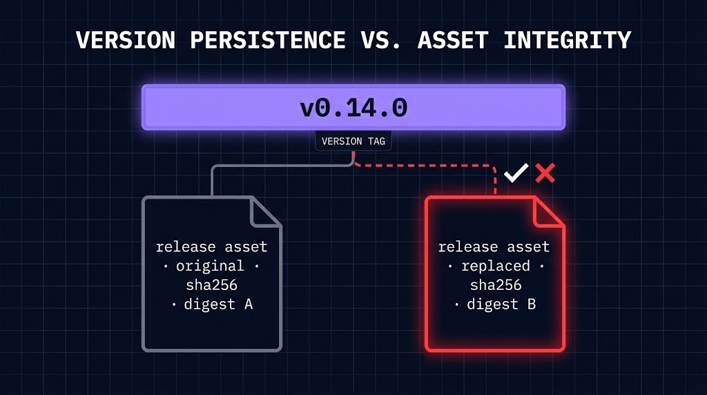 release tags — a v0.14.0 tag label unchanged above two release binaries with different digests
