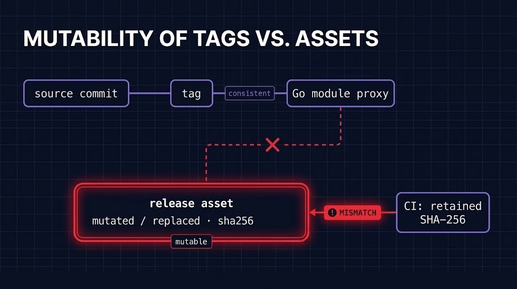Layer diagram: source commit, tag and Go module proxy consistent, release asset diverged