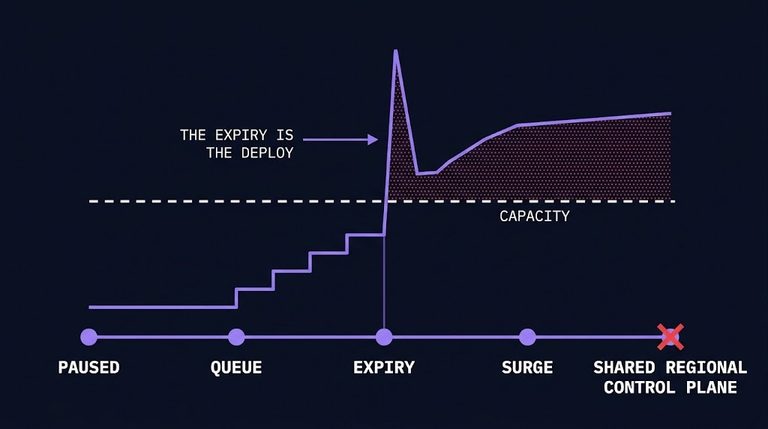 paused rollout expiry: a flat paused line, a queued backlog, then a surge crossing the capacity of a shared regional control plane