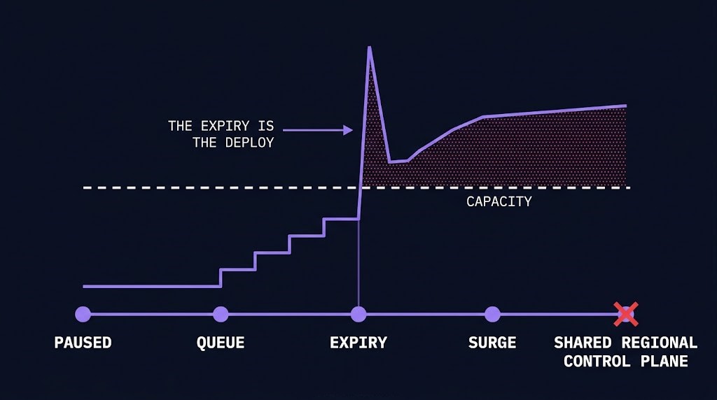 paused rollout expiry: a flat paused line, a queued backlog, then a surge crossing the capacity of a shared regional control plane
