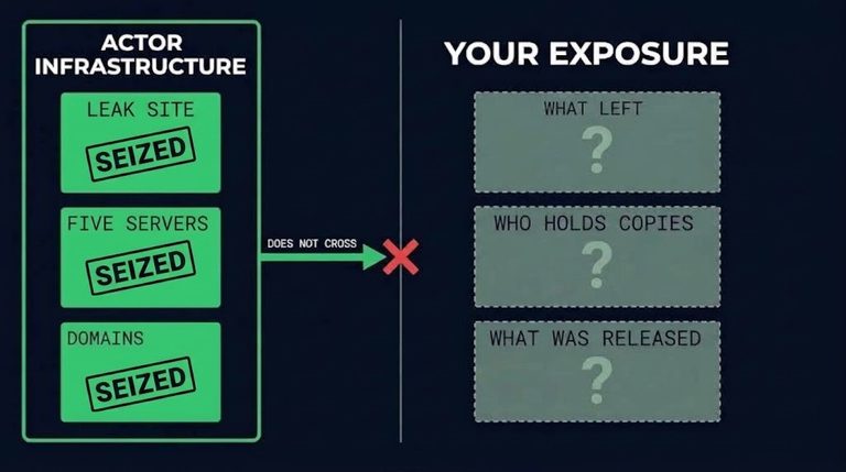 ransomware takedown — seized actor infrastructure on one side, unevidenced victim exposure on the other