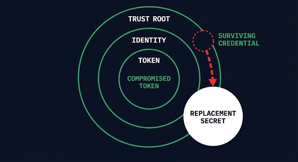 revocation unit nested boundary diagram — token, identity and trust root scopes with a surviving credential still reaching a replacement secret