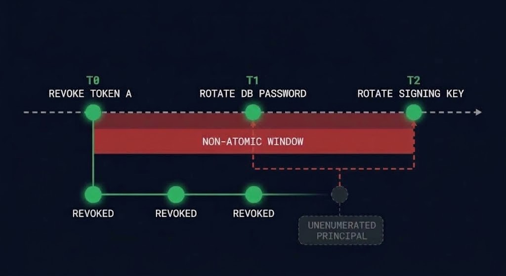 non-atomic revocation window — replacement secret written while an unenumerated credential retains read access