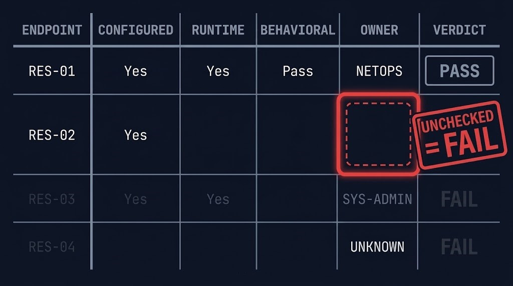 Resolver evidence worksheet preview — rows without configured, runtime and behavioral evidence score as failures
