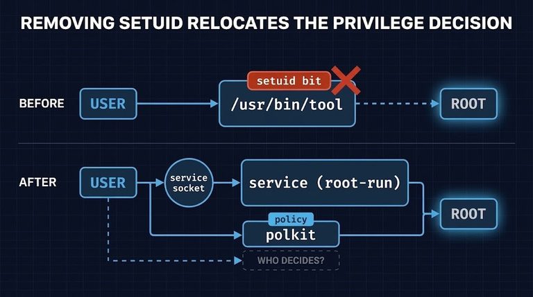 Setuid replacement: authority moves from a file mode bit to a socket-activated service and a polkit policy