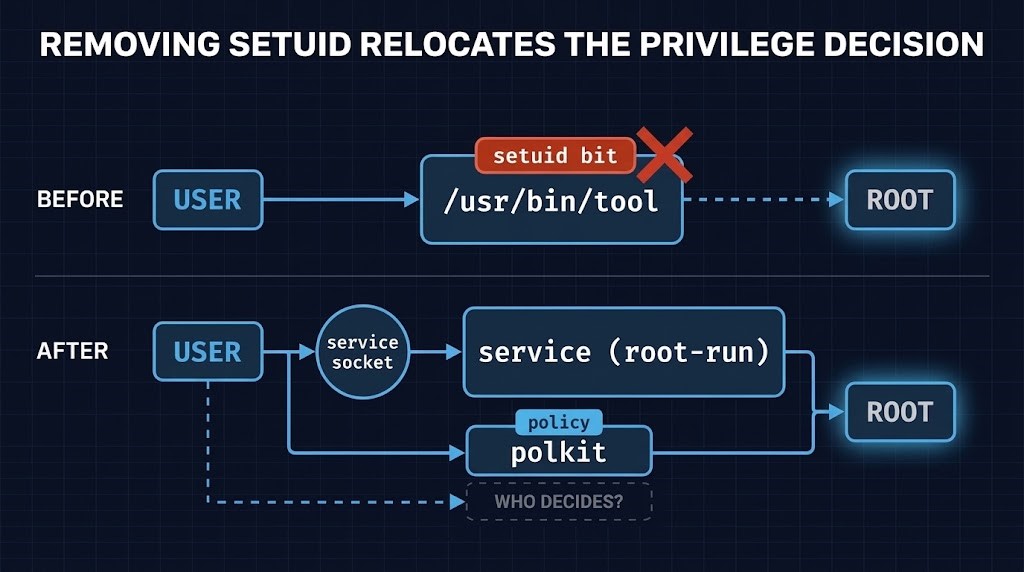 Setuid replacement: authority moves from a file mode bit to a socket-activated service and a polkit policy