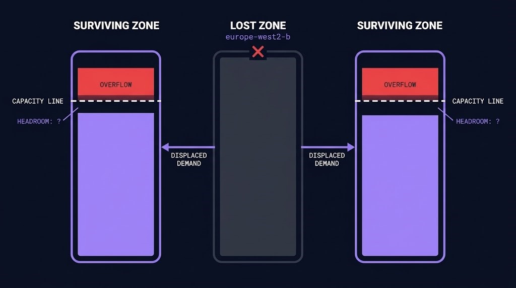 Surviving zone capacity: displaced demand from a lost zone overflowing the capacity of the two surviving zones