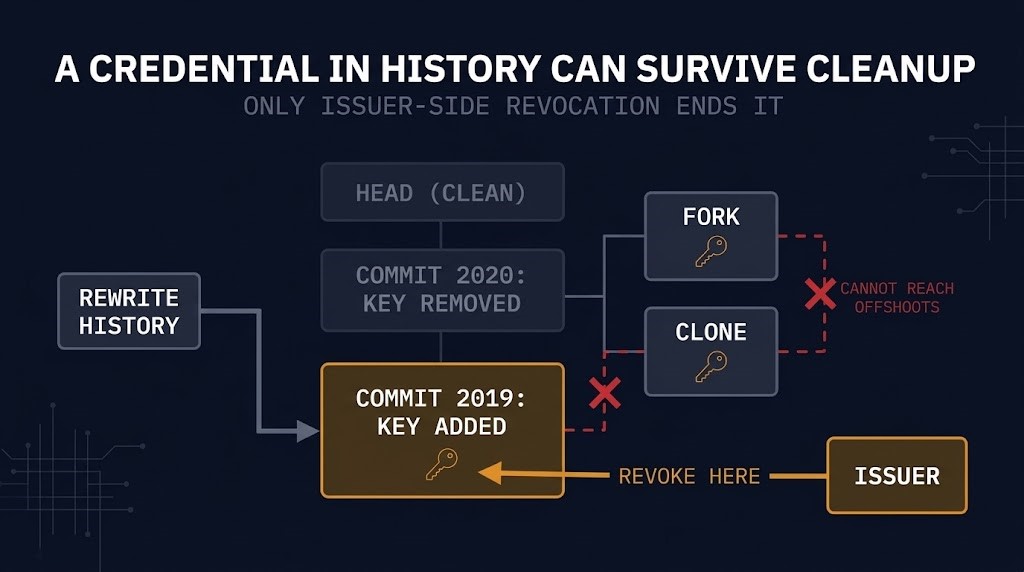 Repository history and forks keep copies of a credential after the current tree is cleaned; only the issuer can revoke it